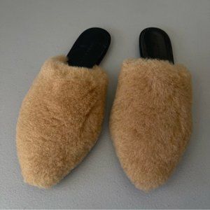 Jenni Kayne Shearling Pointed Toe Flat Mule in Natural EU38 US7.5-8
